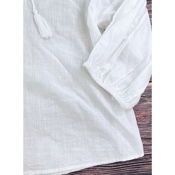 GAP Womens Sz S White Floral Embroidered Tunic Peasant Top Tassel Oversized Blue - Picture 5 of 11